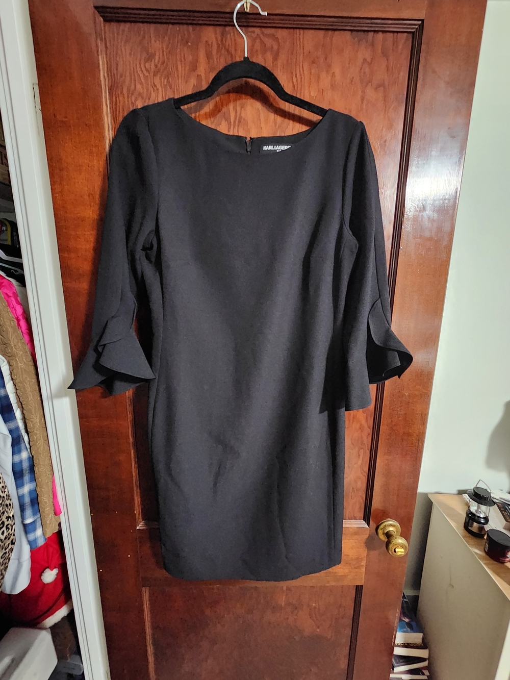 NWOT Karl Lagerfeld Paris Black Ruffle Tiered Bell Sleeve Sheath Dress Size 8